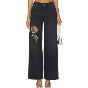 NWT Area Crystal Chain Cutout Relaxed Jean Washed Black Denim Womens Size 25